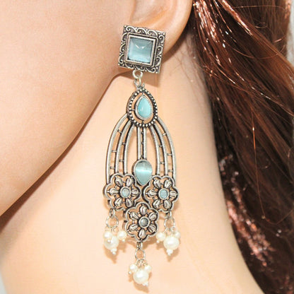 FLOWER TRIPLET DUAL - TONE STONE DANGLER JHUMKA - SKY BLUE