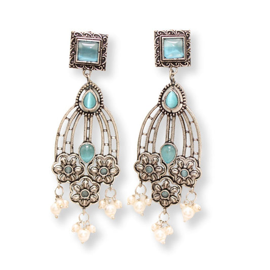 FLOWER TRIPLET DUAL - TONE STONE DANGLER JHUMKA - SKY BLUE