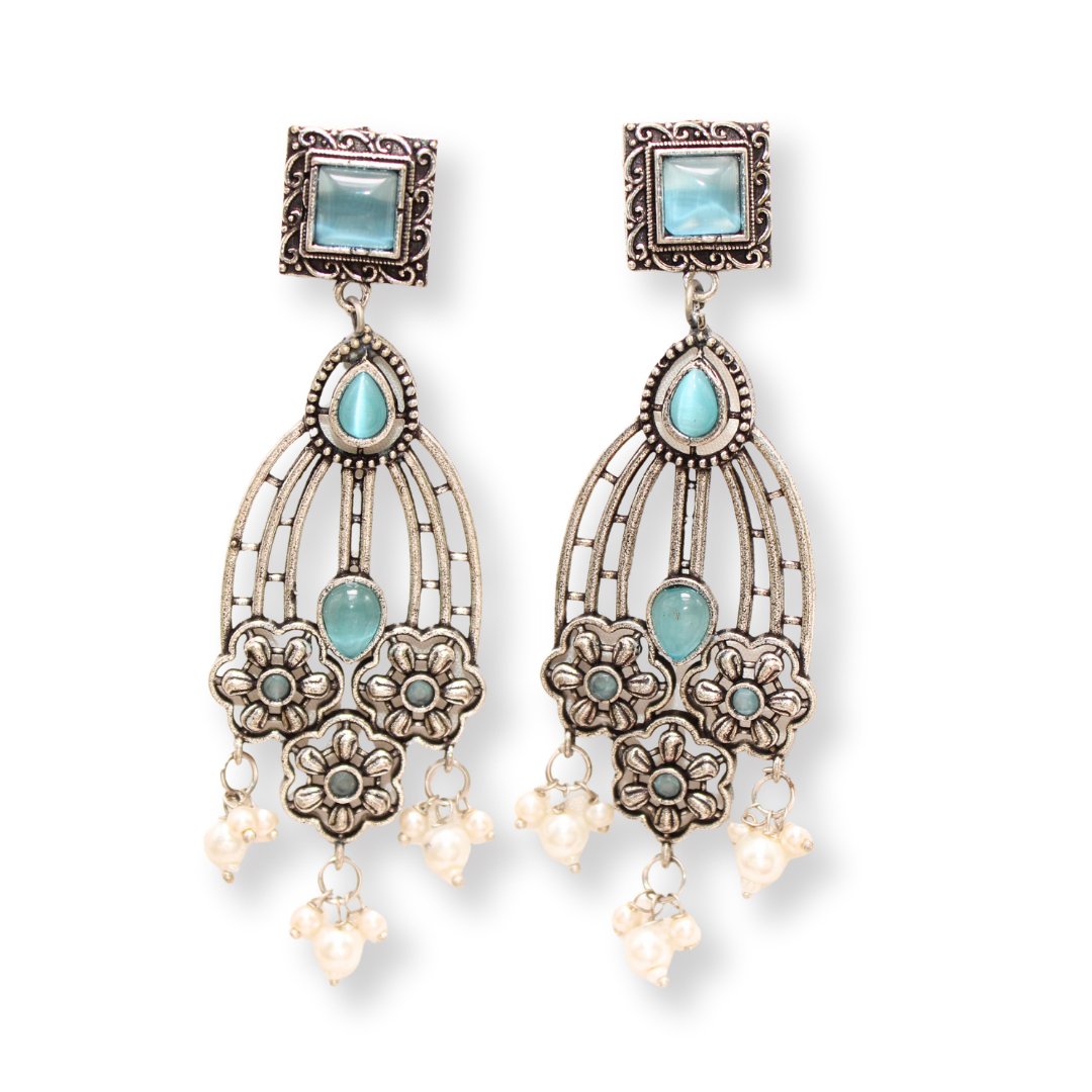 FLOWER TRIPLET DUAL - TONE STONE DANGLER JHUMKA - SKY BLUE