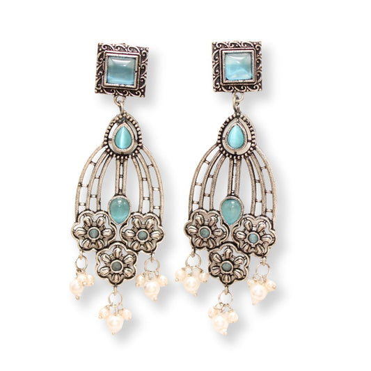 FLOWER TRIPLET DUAL - TONE STONE DANGLER JHUMKA - SKY BLUE