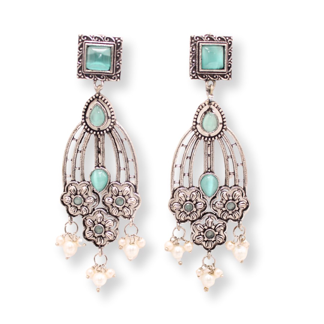 FLOWER TRIPLET DUAL - TONE STONE DANGLER JHUMKA - TURQUOISE