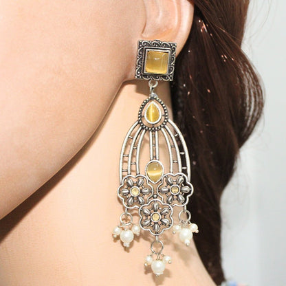FLOWER TRIPLET DUAL-TONE STONE DANGLER JHUMKA-YELLOW