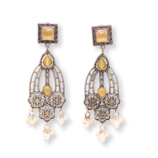 FLOWER TRIPLET DUAL-TONE STONE DANGLER JHUMKA-YELLOW