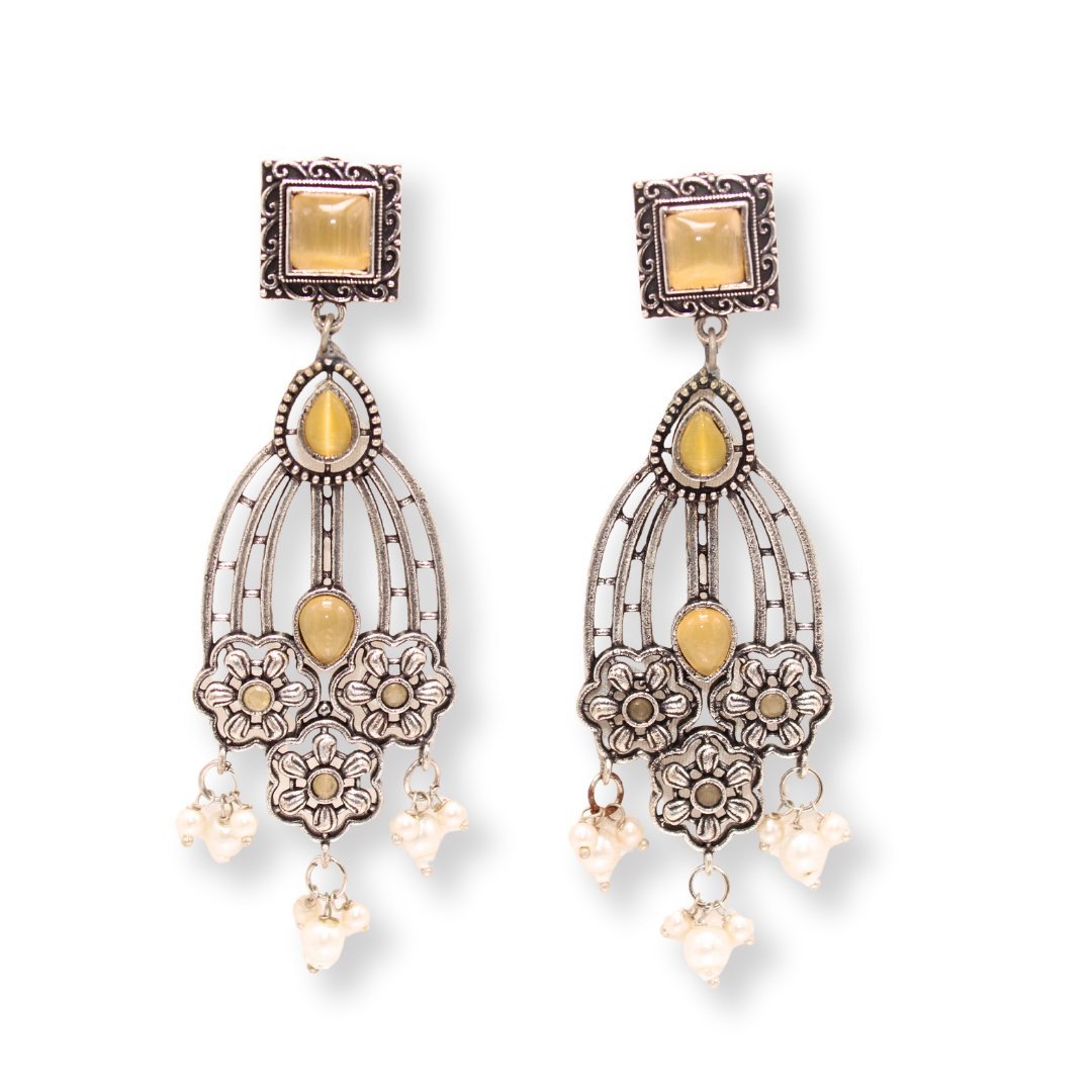 FLOWER TRIPLET DUAL-TONE STONE DANGLER JHUMKA-YELLOW