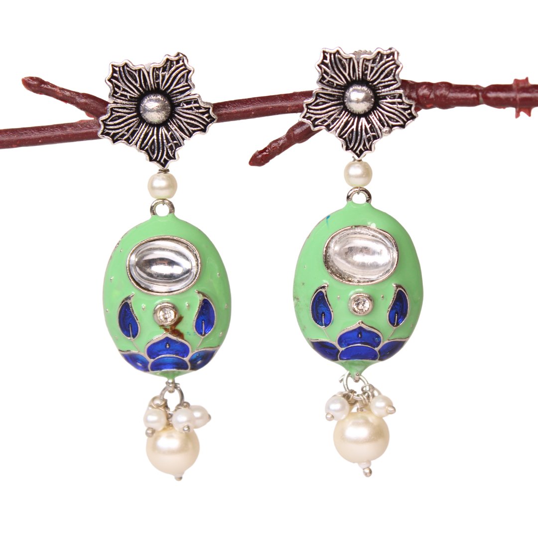 FLOWER WITH OVAL MEENAKARI JHUMKA - GREEN