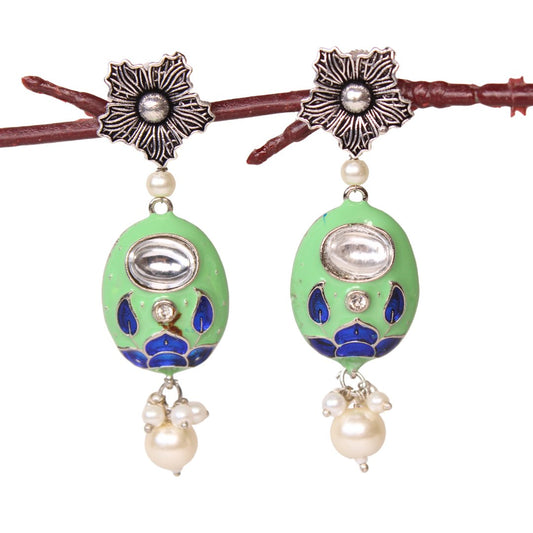 FLOWER WITH OVAL MEENAKARI JHUMKA - GREEN