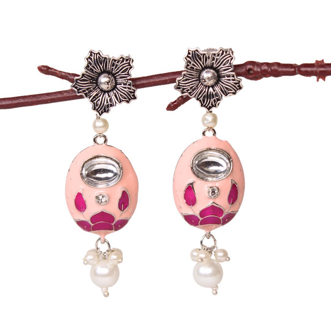 FLOWER WITH OVAL MEENAKARI JHUMKA-PEACH