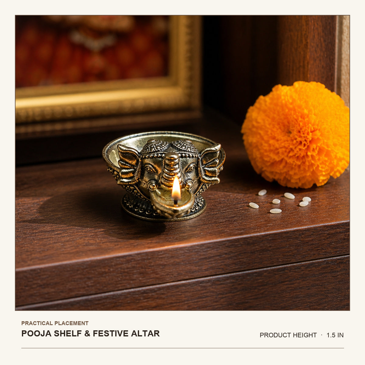 Ganesha Brass Diya Bowl shown at its 1.5-inch height on a pooja shelf or festive altar