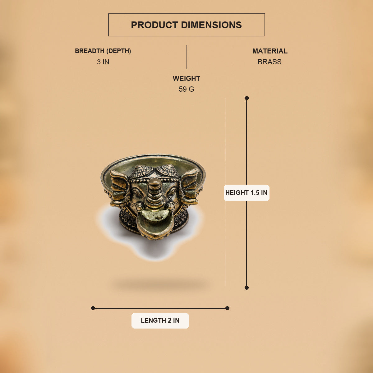 Ganesha Brass Diya Bowl — front-facing product dimensions