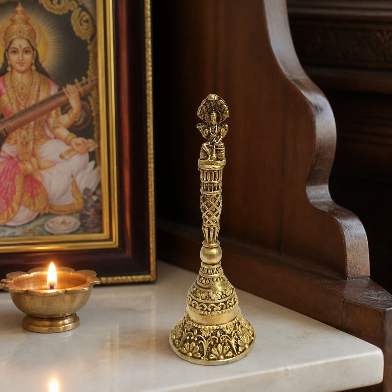 ganesha finial pooja bell realistic placement