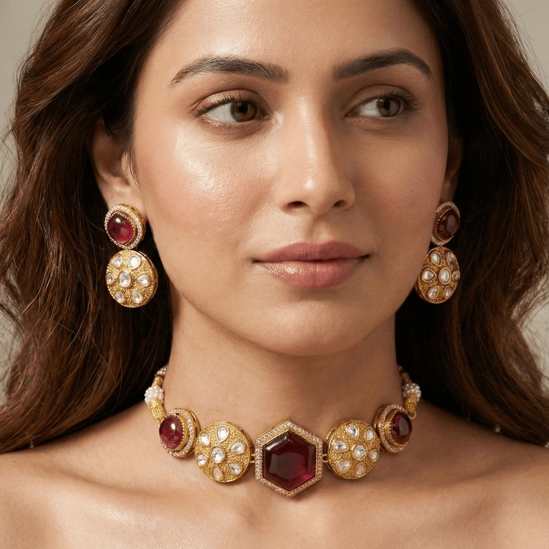 Garnet Maroon Kundan Choker Necklace Set – Handcrafted Gold-Plated Bridal Jewellery