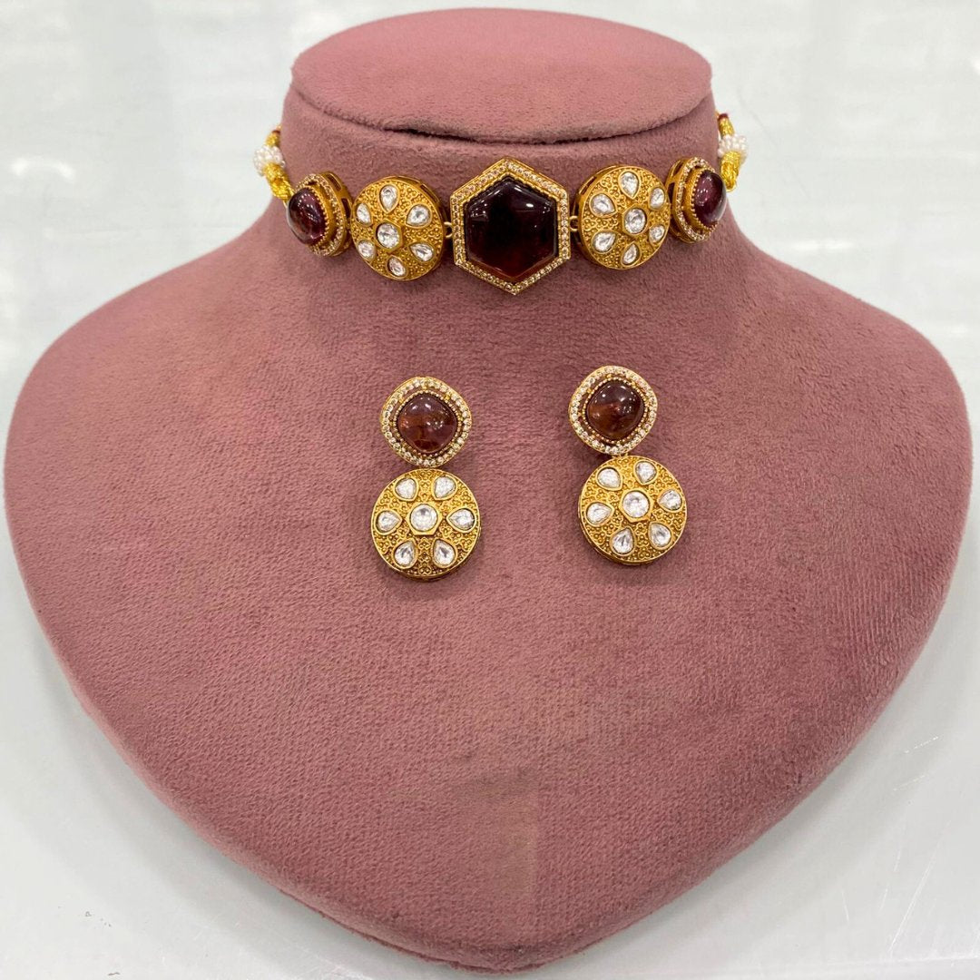 Garnet Maroon Kundan Choker Necklace Set – Handcrafted Gold-Plated Bridal Jewellery