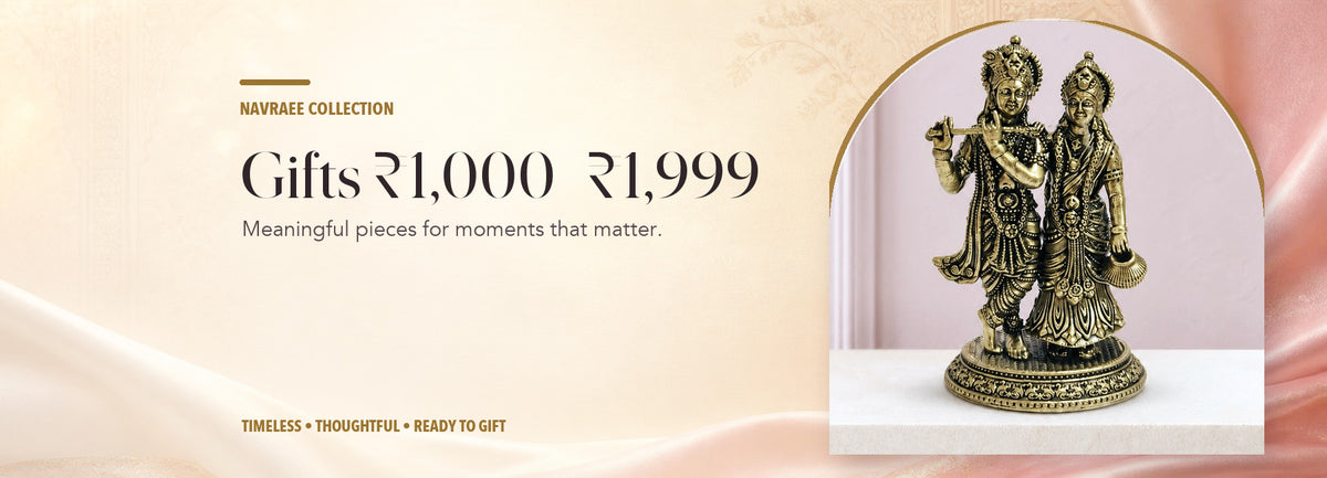 Gifts ₹1,000–₹1,999 collection header banner featuring Radha Krishna Brass Idol