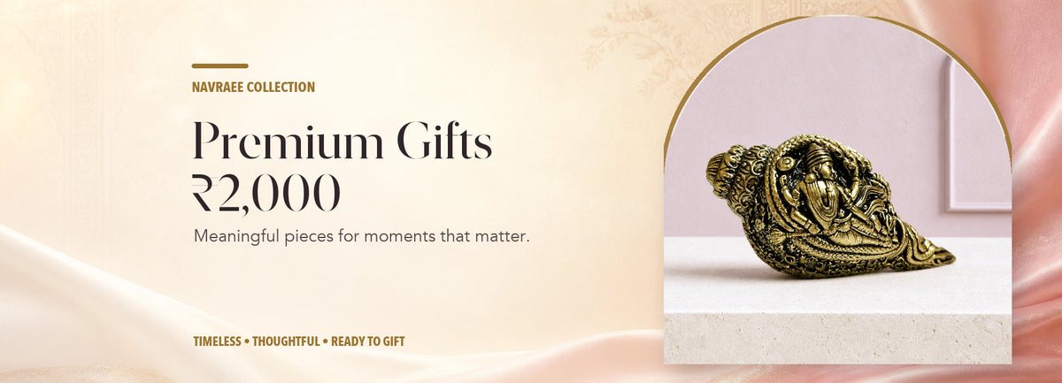 Premium Gifts ₹2,000+ collection header banner featuring Decorative Brass Conch With Devotional Motifs