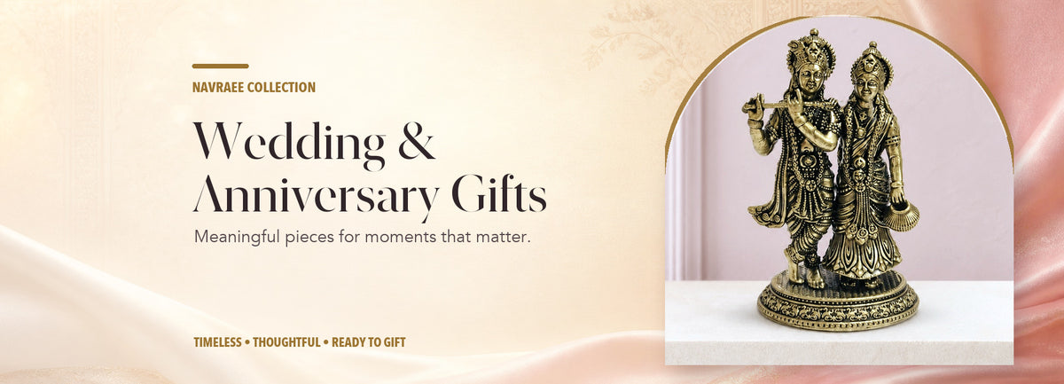 Wedding & Anniversary Gifts collection header banner featuring Radha Krishna Brass Idol