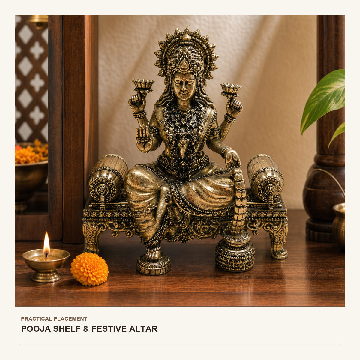 Goddess Lakshmi Brass Idol on Ornate Throne shown in a practical pooja shelf or festive altar setting
