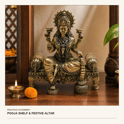 Goddess Lakshmi Brass Idol on Ornate Throne shown in a practical pooja shelf or festive altar setting