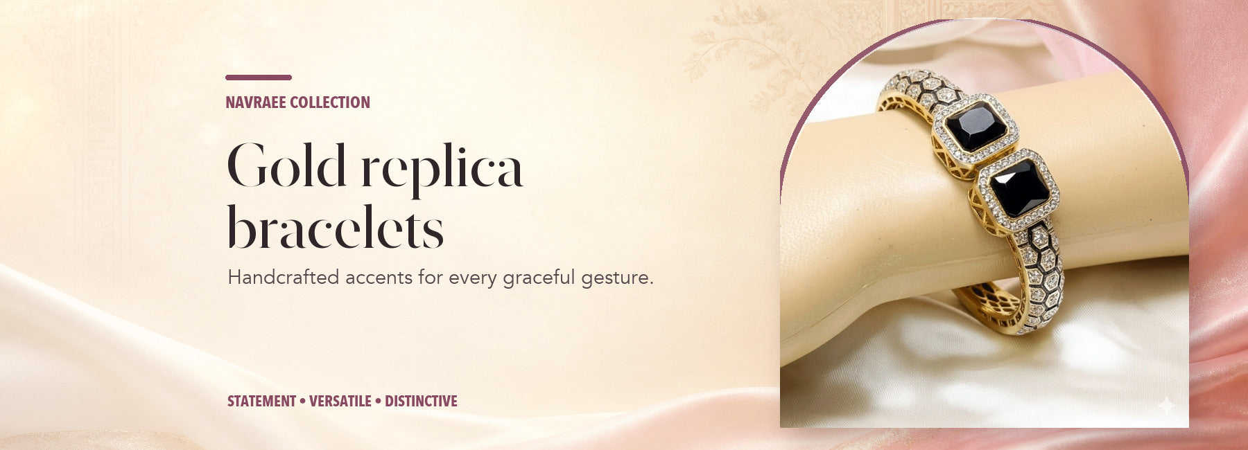 Gold replica bracelets collection header banner featuring Diamond Look Alike Bracelet Golden Polish-Black