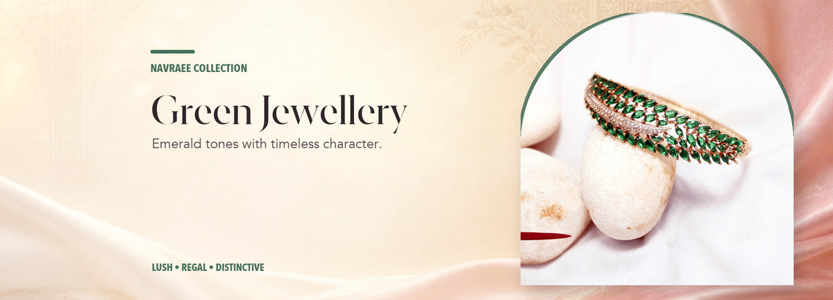 Green Jewellery collection header banner featuring Emerald Green Leaf Design Ad Openable Kada – Gold Finish Bracelet