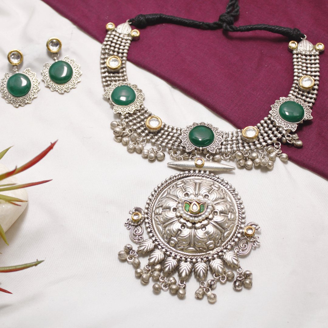 Green Oxidised Silver Hasli Necklace Set with Earrings – Tribal Statement Jewellery
