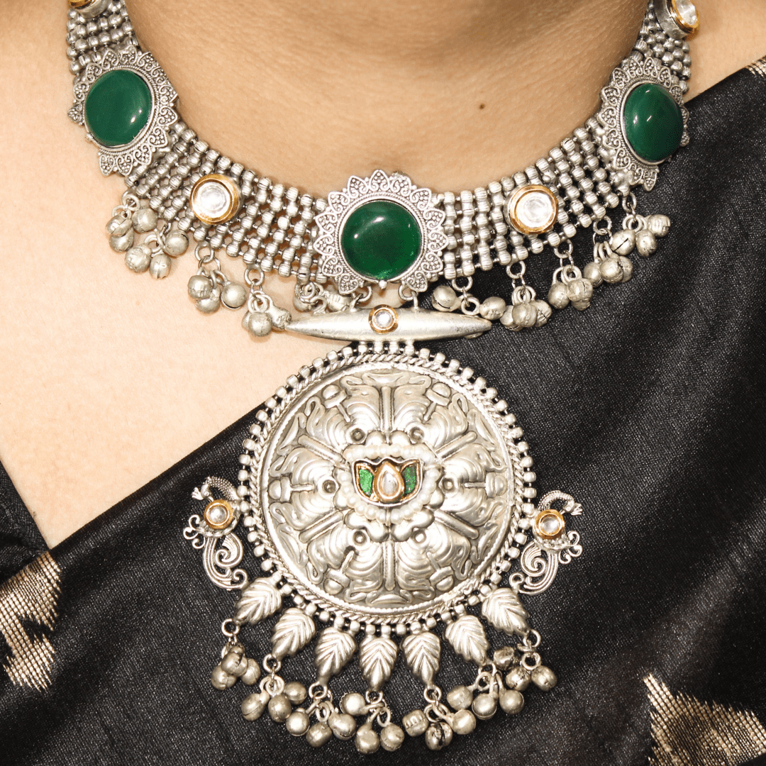 Green Oxidised Silver Hasli Necklace Set with Earrings – Tribal Statement Jewellery