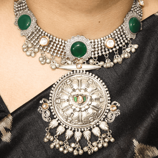 Green Oxidised Silver Hasli Necklace Set with Earrings – Tribal Statement Jewellery