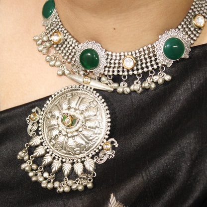 Green Oxidised Silver Hasli Necklace Set with Earrings – Tribal Statement Jewellery