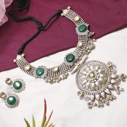 Green Oxidised Silver Hasli Necklace Set with Earrings – Tribal Statement Jewellery