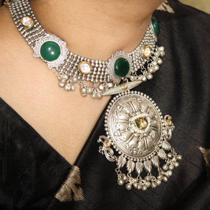 Green Oxidised Silver Hasli Necklace Set with Earrings – Tribal Statement Jewellery