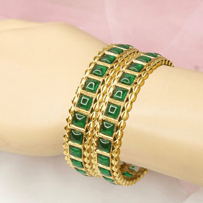 Green Square Stone Bangles Set of 2 – Gold Plated Traditional Bangles
