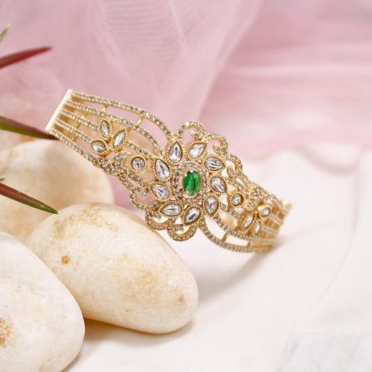 Green Stone Floral AD Openable Kada – Gold Finish Bracelet