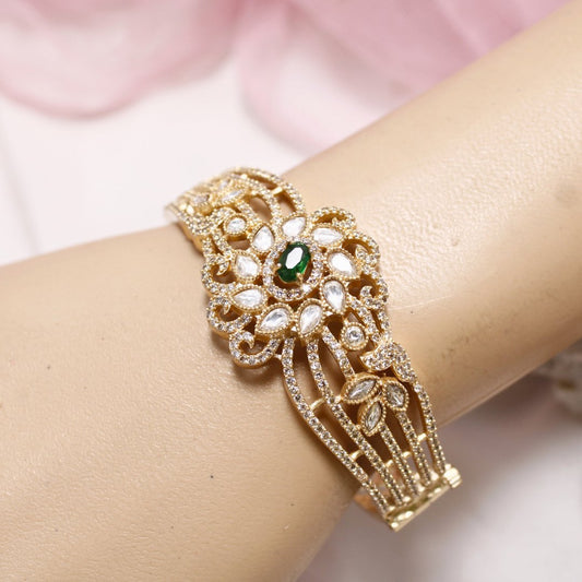 Green Stone Floral AD Openable Kada – Gold Finish Bracelet
