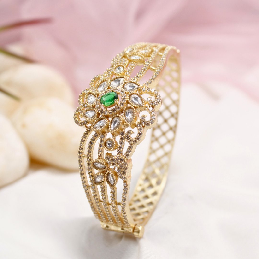 Green Stone Floral AD Openable Kada – Gold Finish Bracelet
