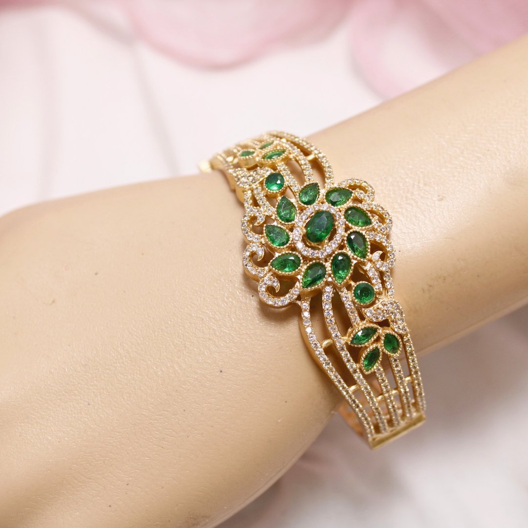 Green Stone Floral AD Openable Kada – Gold Finish Emerald Look Bracelet