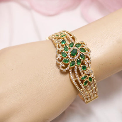Green Stone Floral AD Openable Kada – Gold Finish Emerald Look Bracelet
