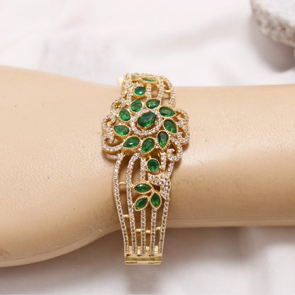 Green Stone Floral AD Openable Kada – Gold Finish Emerald Look Bracelet