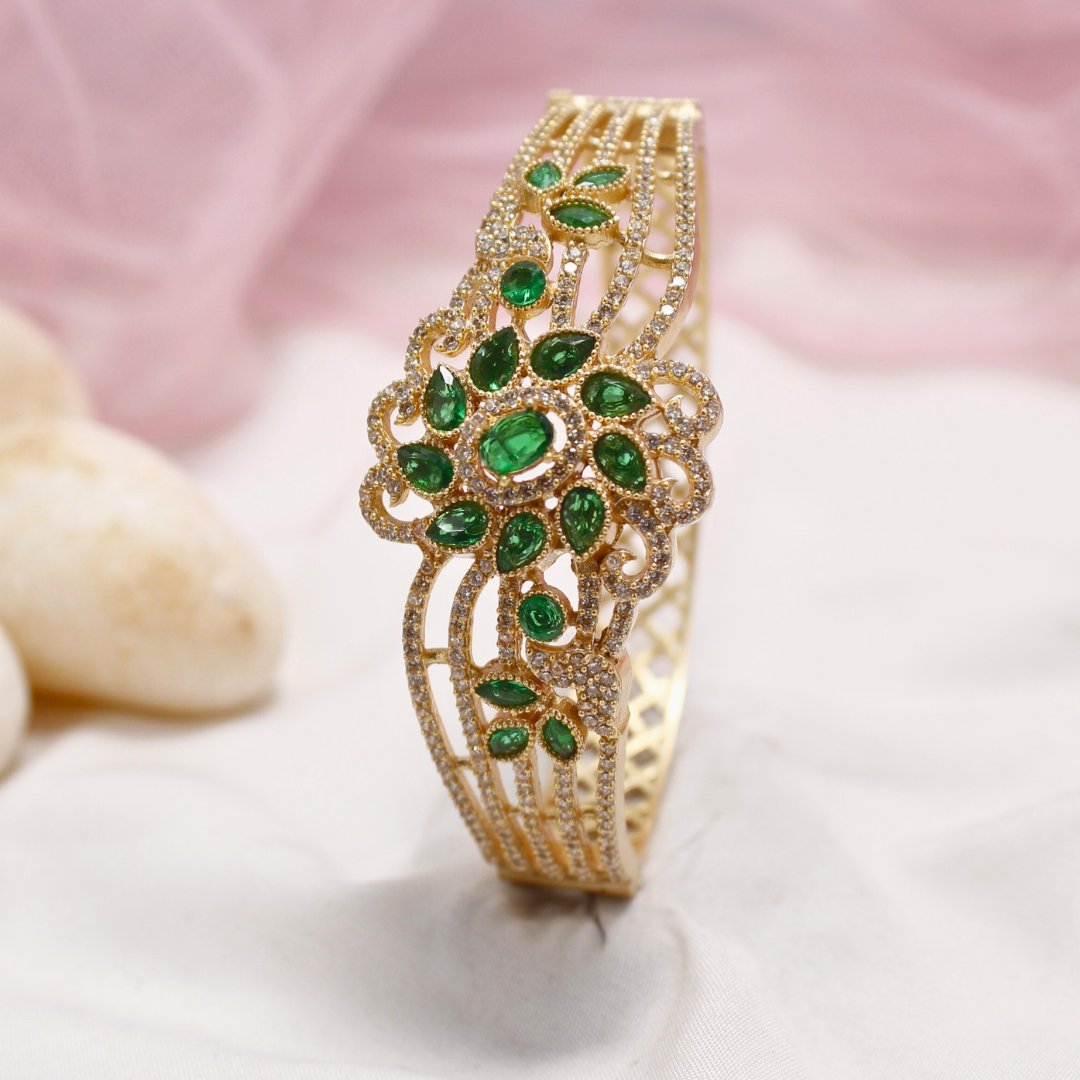 Green Stone Floral AD Openable Kada – Gold Finish Emerald Look Bracelet