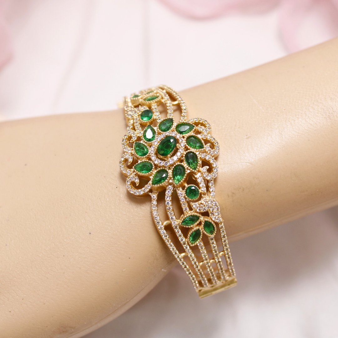 Green Stone Floral AD Openable Kada – Gold Finish Emerald Look Bracelet