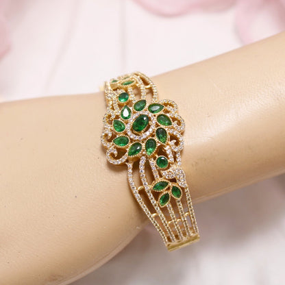 Green Stone Floral AD Openable Kada – Gold Finish Emerald Look Bracelet
