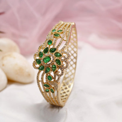 Green Stone Floral AD Openable Kada – Gold Finish Emerald Look Bracelet