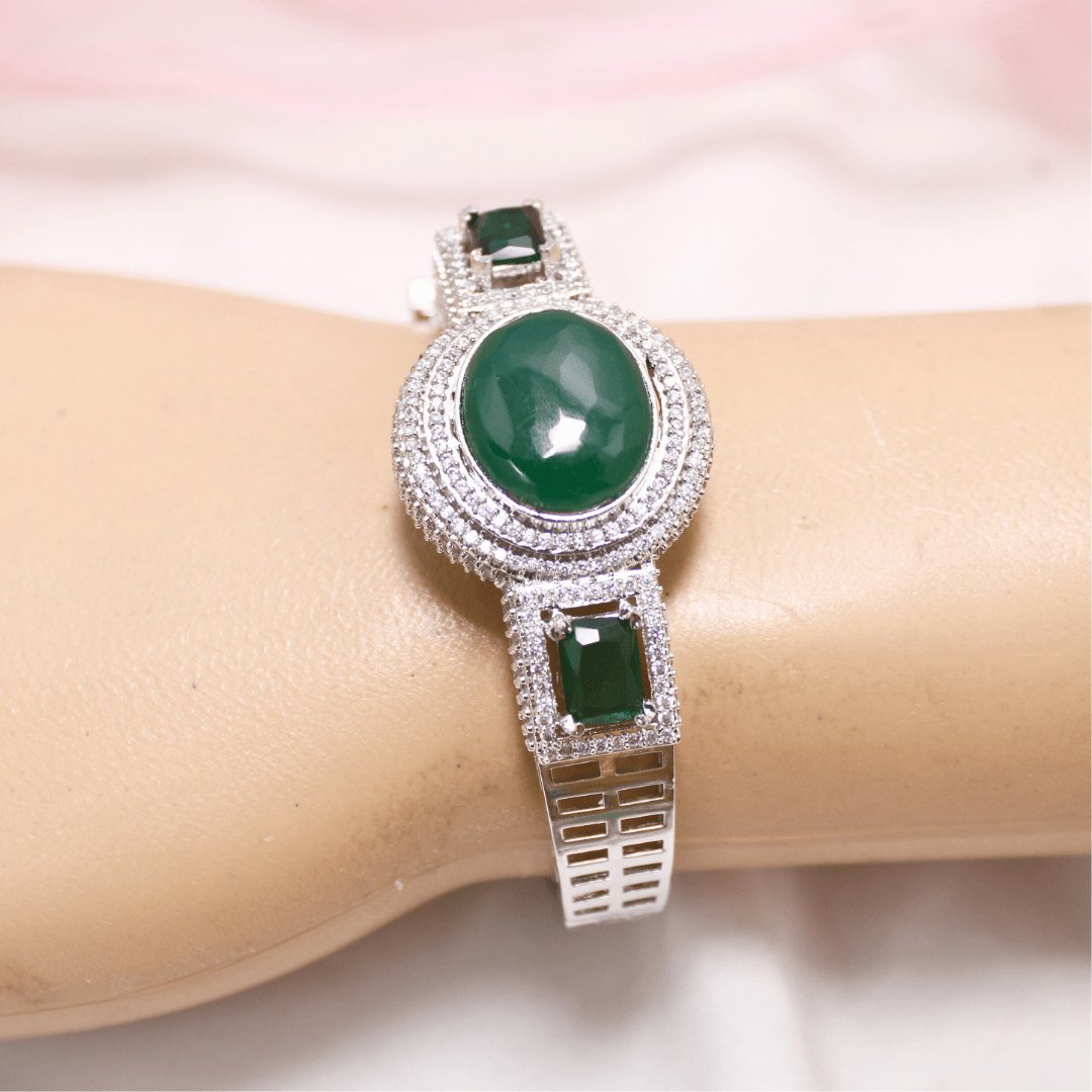 Green Stone Openable Kada – Silver Finish Luxury Bracelet