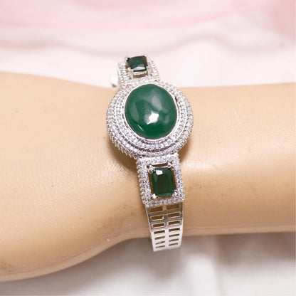 Green Stone Openable Kada – Silver Finish Luxury Bracelet