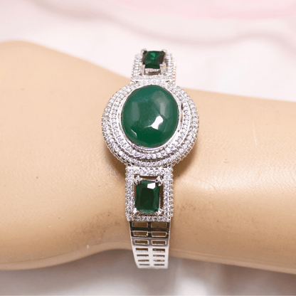 Green Stone Openable Kada – Silver Finish Luxury Bracelet