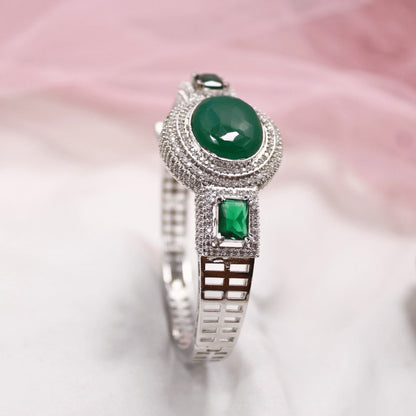Green Stone Openable Kada – Silver Finish Luxury Bracelet