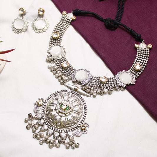 Grey Oxidised Silver Hasli Necklace Set with Earrings – Tribal Statement Jewellery