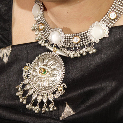 Grey Oxidised Silver Hasli Necklace Set with Earrings – Tribal Statement Jewellery