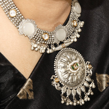 Grey Oxidised Silver Hasli Necklace Set with Earrings – Tribal Statement Jewellery