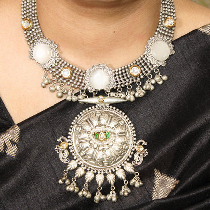 Grey Oxidised Silver Hasli Necklace Set with Earrings – Tribal Statement Jewellery