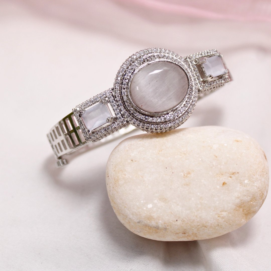 Grey Stone Openable Kada – Silver Finish Luxury Bracelet