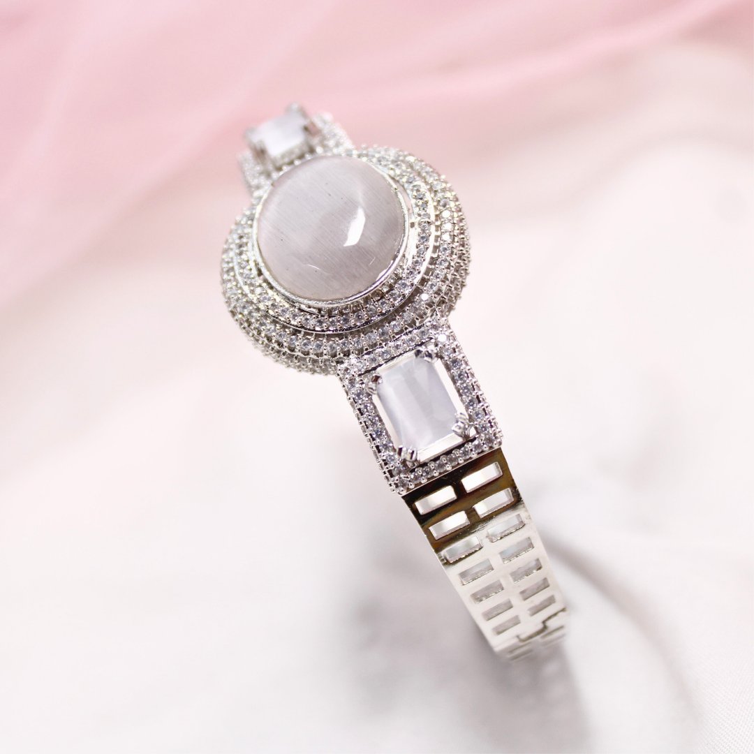 Grey Stone Openable Kada – Silver Finish Luxury Bracelet